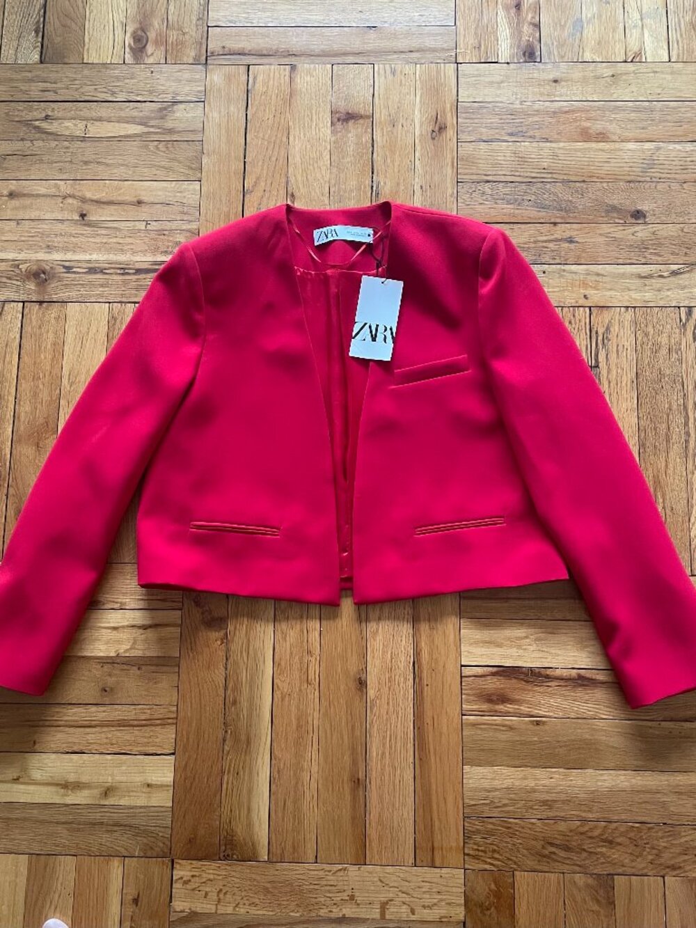 NWT ZARA Women's Cropped Collarless Red Blazer